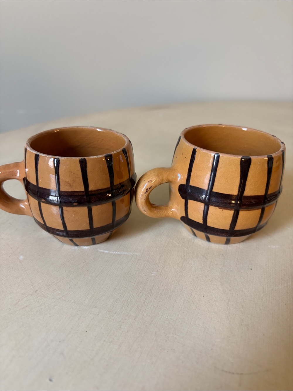 Barrel-Style Ceramic Espresso Mugs in Tan with Dark Brown Accents (Set of 6) EUC - Picture 2 of 6